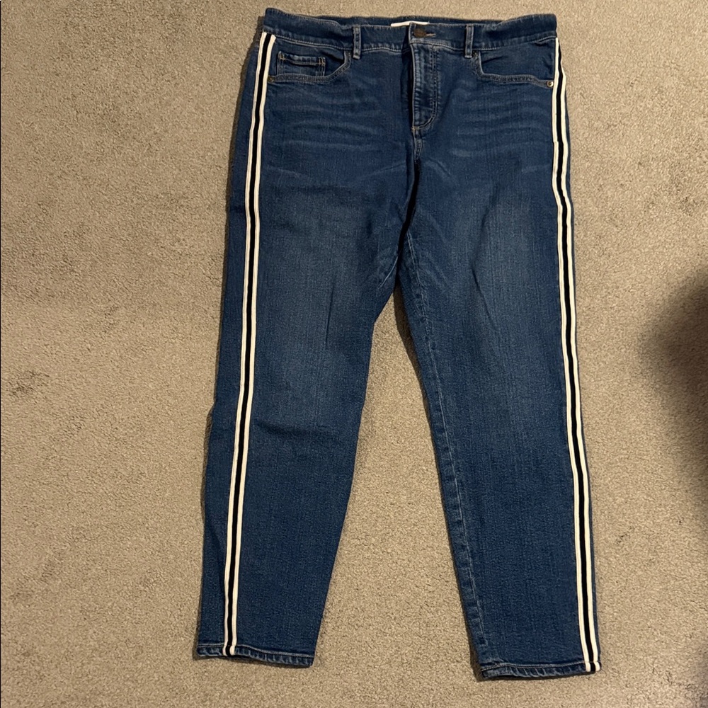 LOFT Dark Blue Cropped Jeans with Cream/Navy Stripes